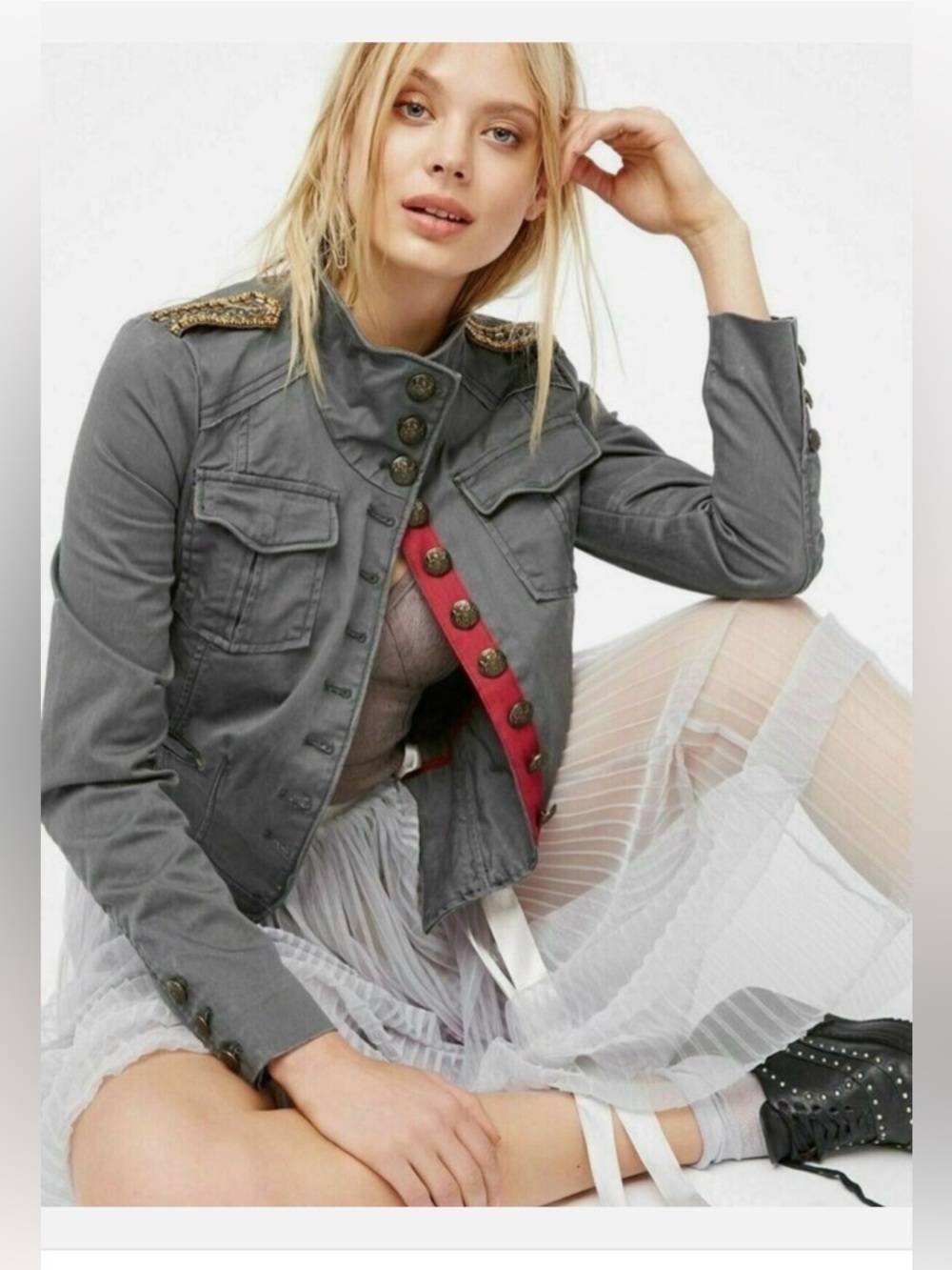 Free People Shrunken Officer Military Style Jacket (L)